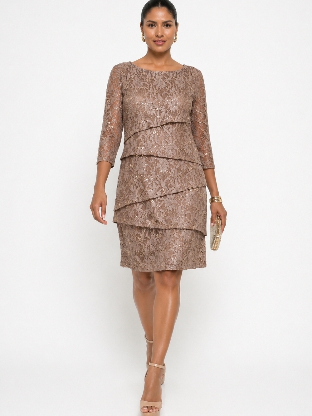 R&M Richards by Ronn Nicolle Taupe Lace Sequin Tiered Dress Size 10 Elegant.